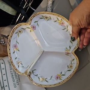 Vintage Nippon Hand Painted 3 Section Dish Pink & Yellow Flowers gold trim